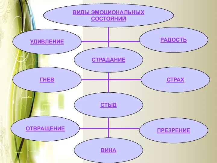 СТЫД СТРАХ РАДОСТЬ УДИВЛЕНИЕ СТРАДАНИЕ ГНЕВ ОТВРАЩЕНИЕ ВИНА ПРЕЗРЕНИЕ ВИДЫ ЭМОЦИОНАЛЬНЫХ СОСТОЯНИЙ