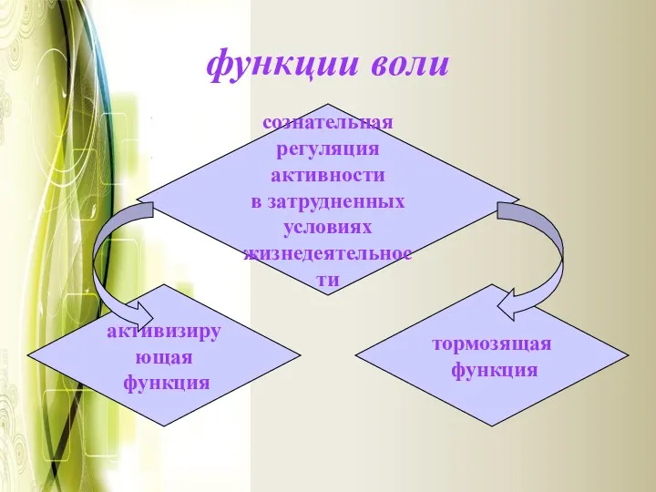 функции воли активизирующая функция сознательная регуляция активности в затрудненных условиях жизнедеятельности тормозящая функция