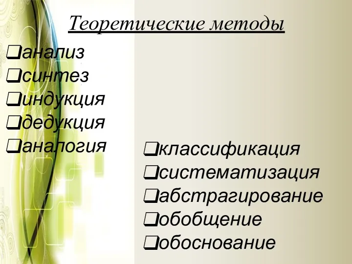 Теоретические методы классификация систематизация абстрагирование обобщение обоснование анализ синтез индукция дедукция аналогия