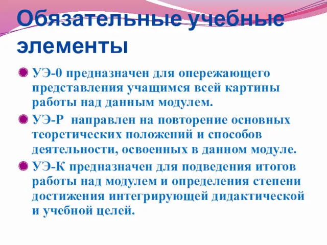 Обязательные учебные элементы УЭ-0 предназначен для опережающего представления учащимся всей