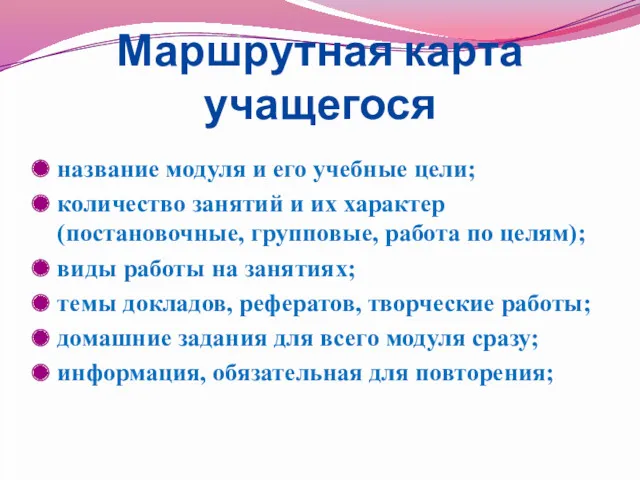 Маршрутная карта учащегося название модуля и его учебные цели; количество