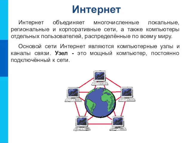 Интернет Интернет объединяет многочисленные локальные, региональные и корпоративные сети, а