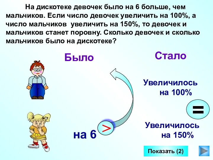 На дискотеке девочек было на 6 больше, чем мальчиков. Если