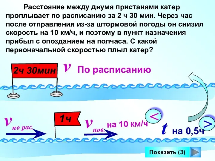 Показать (3) Расстояние между двумя пристанями катер проплывает по расписанию