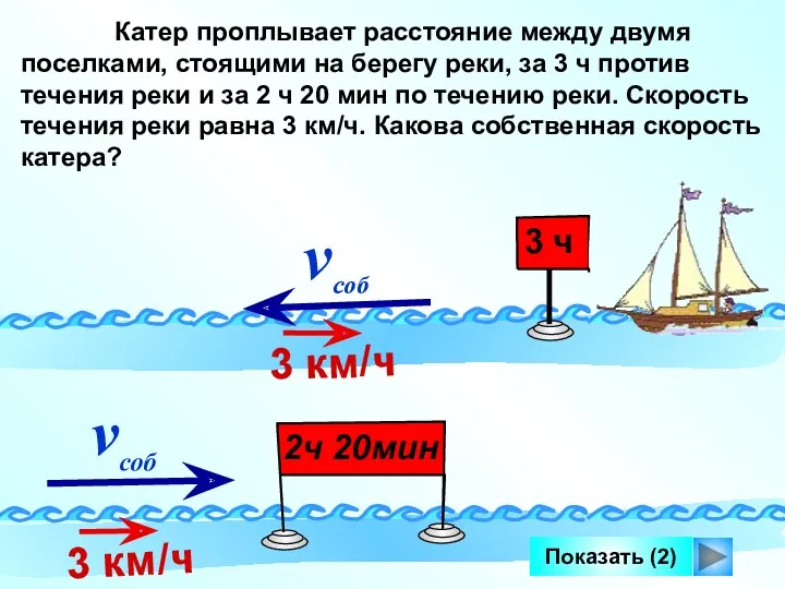 Показать (2) Катер проплывает расстояние между двумя поселками, стоящими на