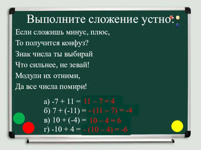 Выполните сложение устно: Если сложишь минус, плюс, То получится конфуз?