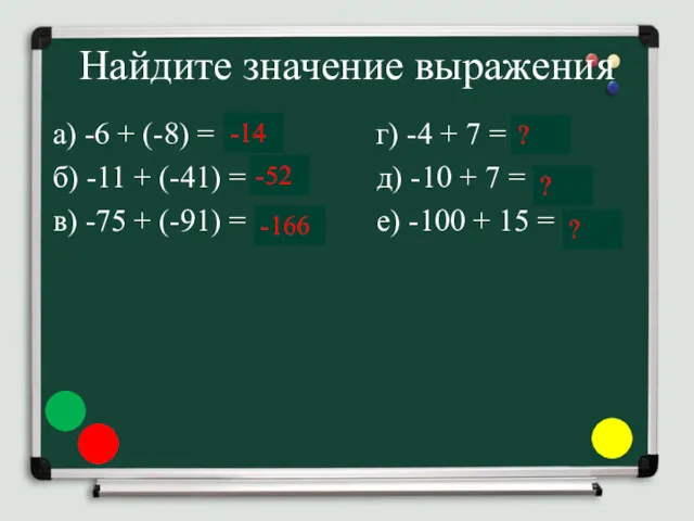 Найдите значение выражения а) -6 + (-8) = … г)