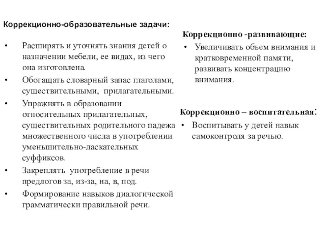 Коррекционно-образовательные задачи: Расширять и уточнять знания детей о назначении мебели, ее видах, из