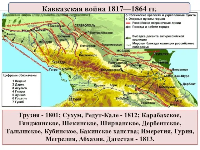 Грузия - 1801; Сухум, Редут-Кале - 1812; Карабахское, Гянджинское, Шекинское,