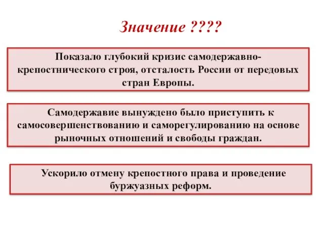 Показало глубокий кризис самодержавно-крепостнического строя, отсталость России от передовых стран