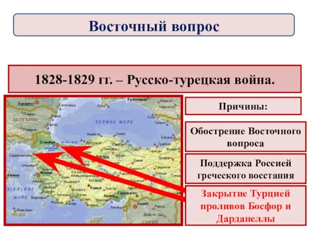 1828-1829 гг. – Русско-турецкая война. Причины: Обострение Восточного вопроса Поддержка