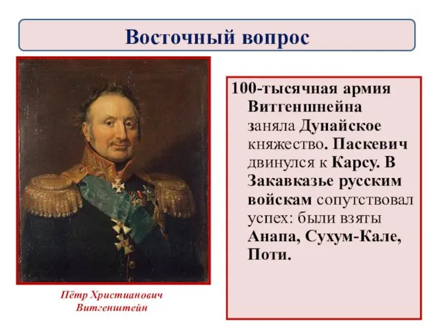 100-тысячная армия Витгеншнейна заняла Дунайское княжество. Паскевич двинулся к Карсу.