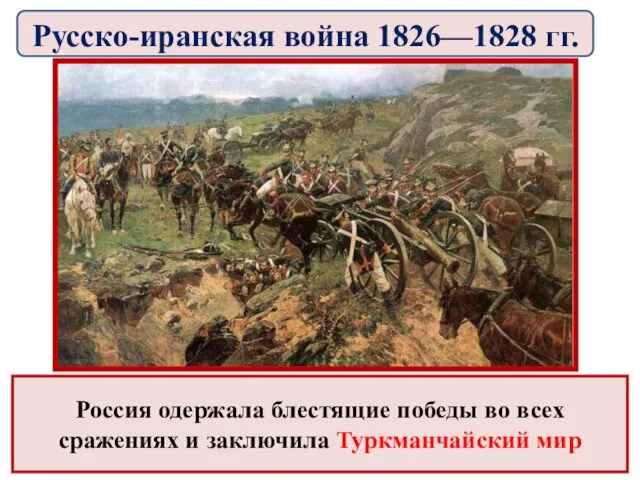 Россия одержала блестящие победы во всех сражениях и заключила Туркманчайский мир Русско-иранская война 1826—1828 гг.