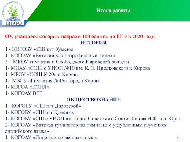 Итоги работы ОУ, учащиеся которых набрали 100 баллов на ЕГЭ