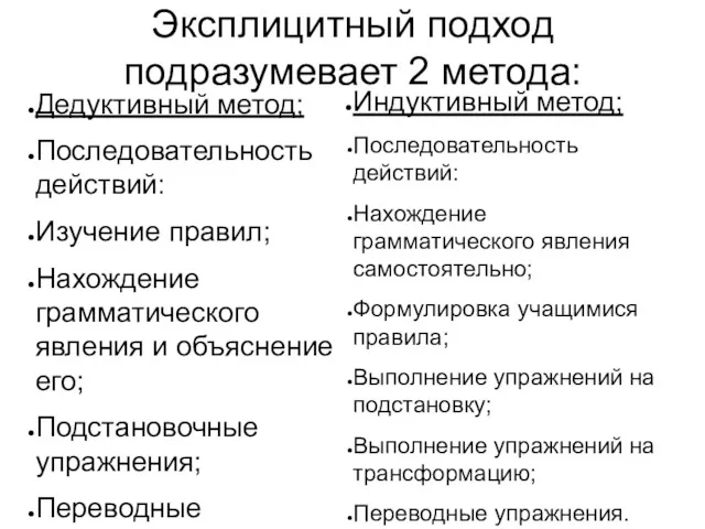 Эксплицитный подход подразумевает 2 метода: Дедуктивный метод; Последовательность действий: Изучение