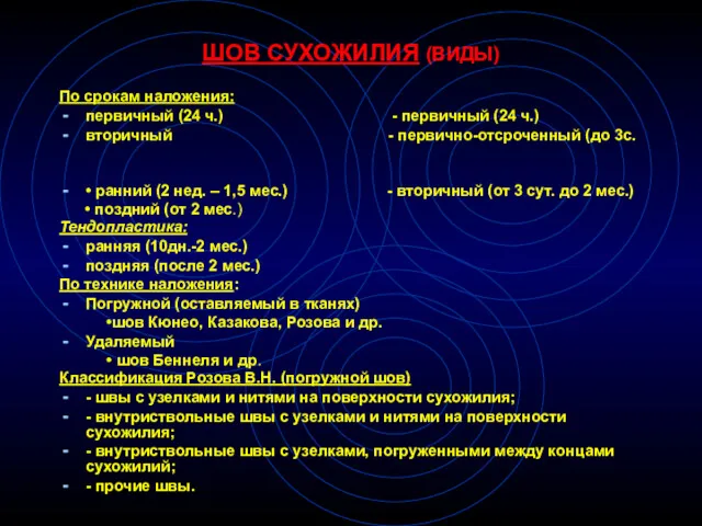 ШОВ СУХОЖИЛИЯ (ВИДЫ) По срокам наложения: первичный (24 ч.) -