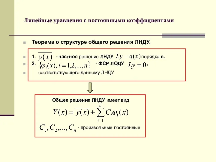 Линейные уравнения с постоянными коэффициентами Теорема о структуре общего решения ЛНДУ. 1. -