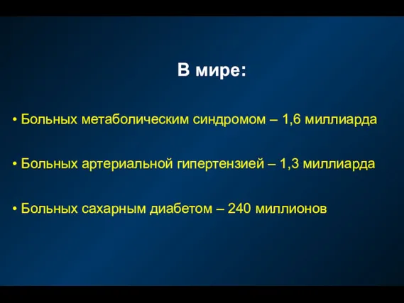 В мире: Больных метаболическим синдромом – 1,6 миллиарда Больных артериальной