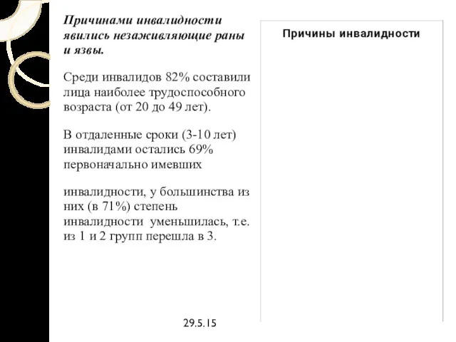 29.5.15 Причинами инвалидности явились незаживляющие раны и язвы. Среди инвалидов