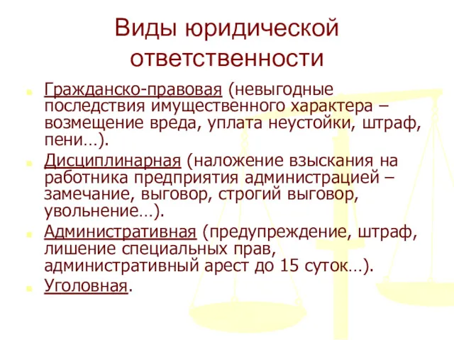 Виды юридической ответственности Гражданско-правовая (невыгодные последствия имущественного характера – возмещение