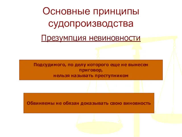 Основные принципы судопроизводства Презумпция невиновности Обвиняемы не обязан доказывать свою