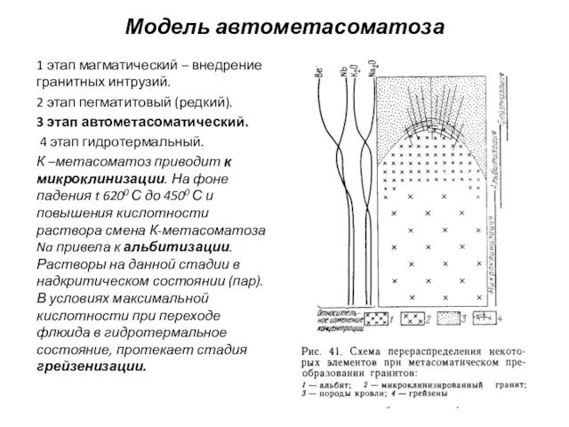 Модель автометасоматоза 1 этап магматический – внедрение гранитных интрузий. 2