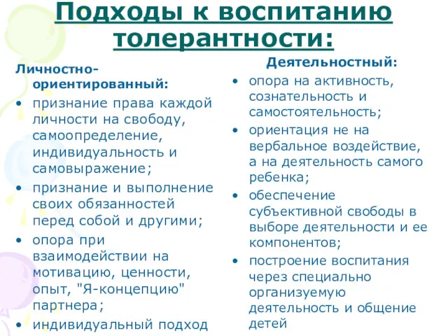 Подходы к воспитанию толерантности: Личностно-ориентированный: признание права каждой личности на