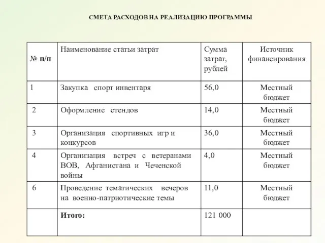 СМЕТА РАСХОДОВ НА РЕАЛИЗАЦИЮ ПРОГРАММЫ