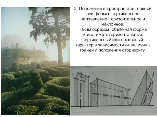 3. Положение в пространстве главной оси формы: вертикальное направление, горизонтальное