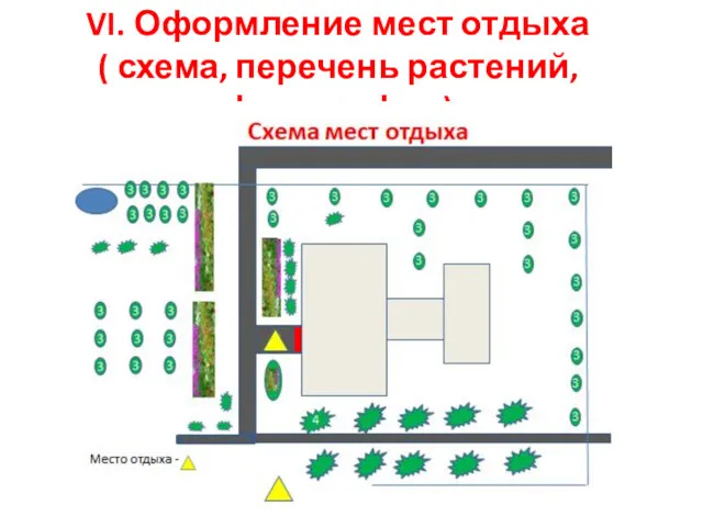 VI. Оформление мест отдыха ( схема, перечень растений, фотографии)