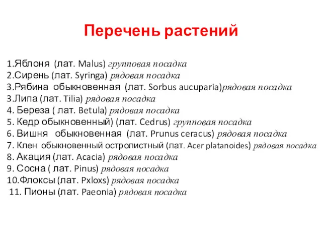 Перечень растений 1.Яблоня (лат. Malus) групповая посадка 2.Сирень (лат. Syringa)