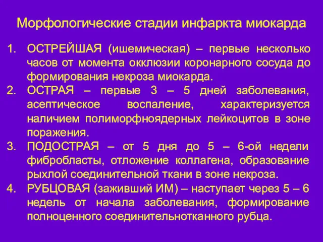 Морфологические стадии инфаркта миокарда ОСТРЕЙШАЯ (ишемическая) – первые несколько часов