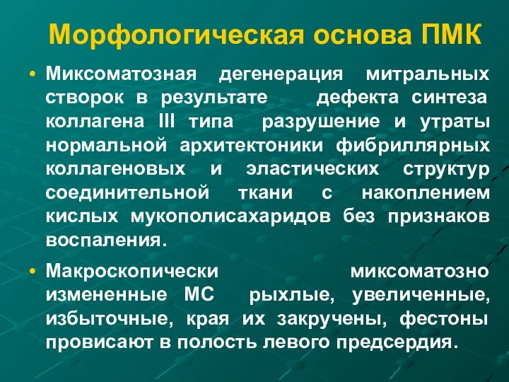 Морфологическая основа ПМК Миксоматозная дегенерация митральных створок в результате дефекта