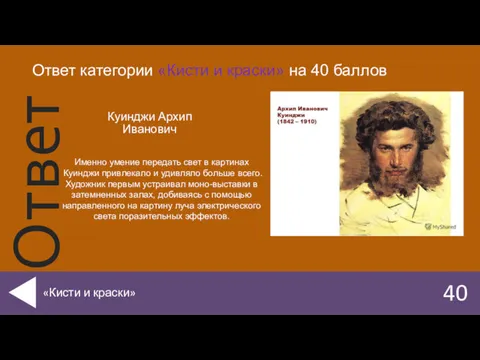 Куинджи Архип Иванович 40 «Кисти и краски» Ответ категории «Кисти