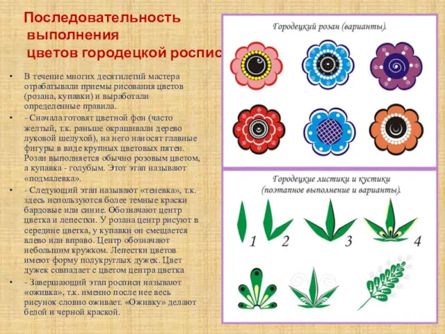 Последовательность выполнения цветов городецкой росписи. В течение многих десятилетий мастера