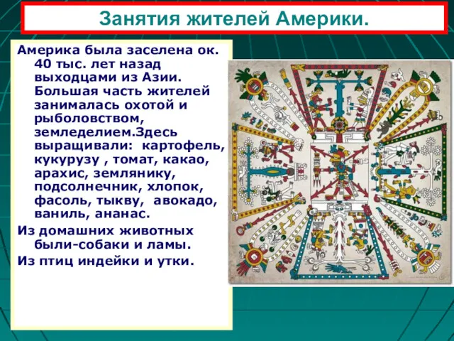 Занятия жителей Америки. Америка была заселена ок. 40 тыс. лет назад выходцами из