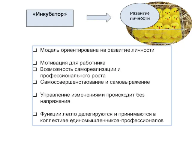 «Инкубатор» Модель ориентирована на развитие личности Мотивация для работника Возможность