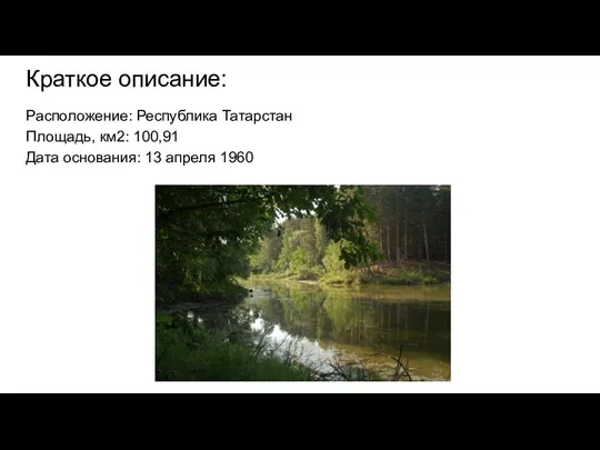 Краткое описание: Расположение: Республика Татарстан Площадь, км2: 100,91 Дата основания: 13 апреля 1960