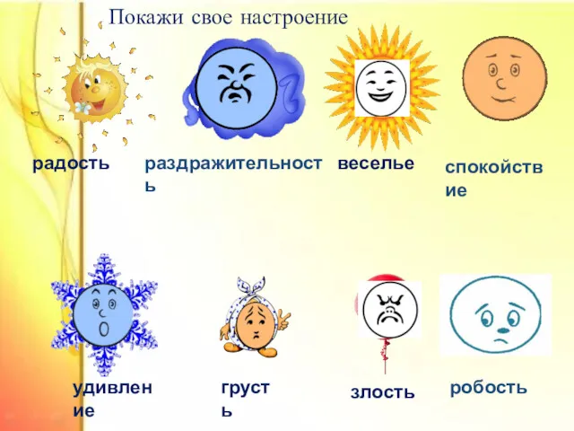 радость веселье грусть злость удивление робость раздражительность спокойствие Покажи свое настроение