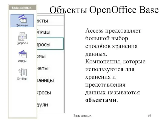 * Базы данных Объекты Access Access представляет большой выбор способов