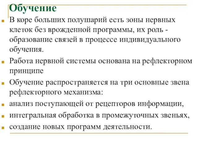 Обучение В коре больших полушарий есть зоны нервных клеток без