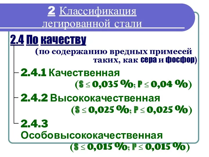 2.4 По качеству 2.4.1 Качественная (S ≤ 0,035 %; P