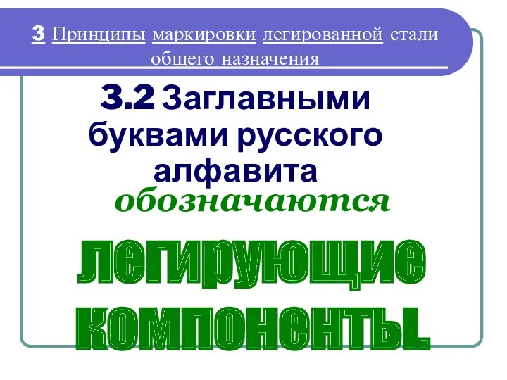 3.2 Заглавными буквами русского алфавита обозначаются легирующие компоненты. 3 Принципы маркировки легированной стали общего назначения