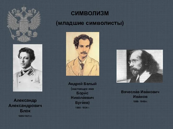 СИМВОЛИЗМ (младшие символисты) Александр Александрович Блок 1880-1921гг. Андрей Белый (настоящее