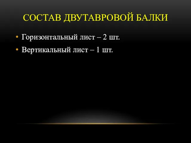 СОСТАВ ДВУТАВРОВОЙ БАЛКИ Горизонтальный лист – 2 шт. Вертикальный лист – 1 шт.