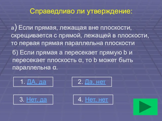 Справедливо ли утверждение: а) Если прямая, лежащая вне плоскости, скрещивается