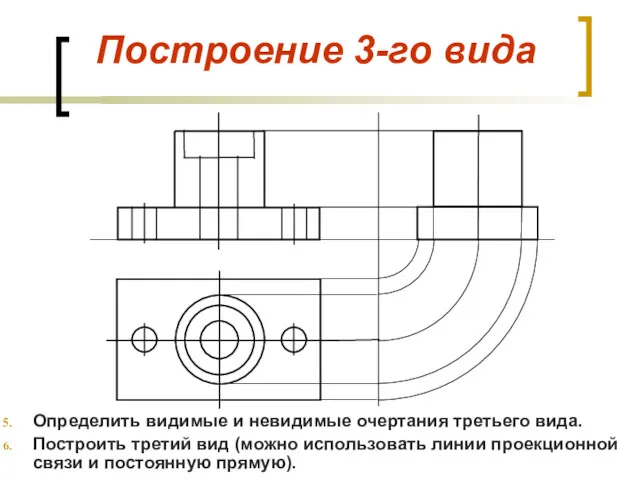 Построение 3-го вида Определить видимые и невидимые очертания третьего вида.