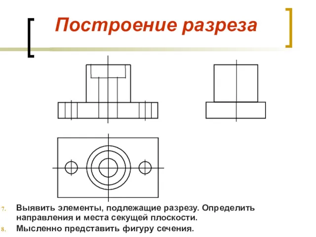 Построение разреза Выявить элементы, подлежащие разрезу. Определить направления и места секущей плоскости. Мысленно представить фигуру сечения.