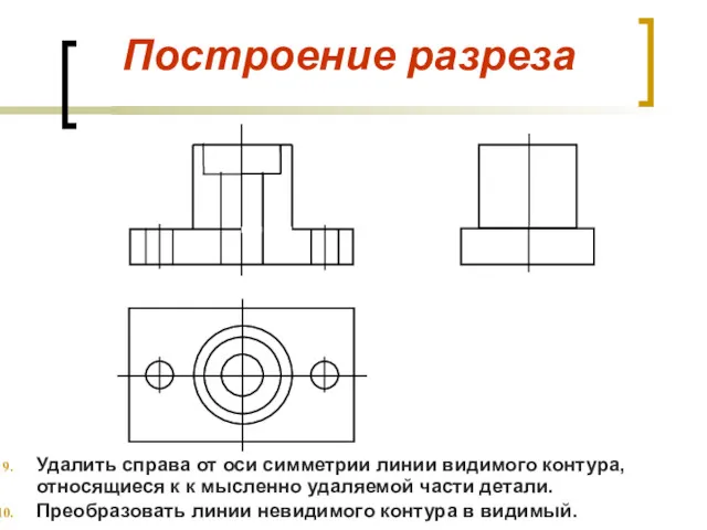 Построение разреза Удалить справа от оси симметрии линии видимого контура,