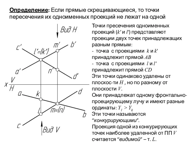 Определение: Если прямые скрещивающиеся, то точки пересечения их одноименных проекций